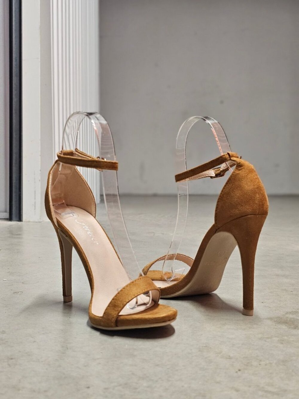 Tan Faux Suede Ankle Strap High Heel Sandals For Women - Picture 9 of 14